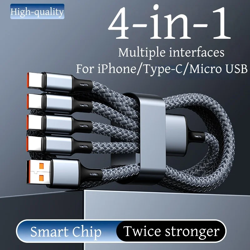 4-in-1 Multifunctional Charging Cable Supports USB-A to USB-C, Micro USB, and Braided Cables for Charging Multiple Devices
