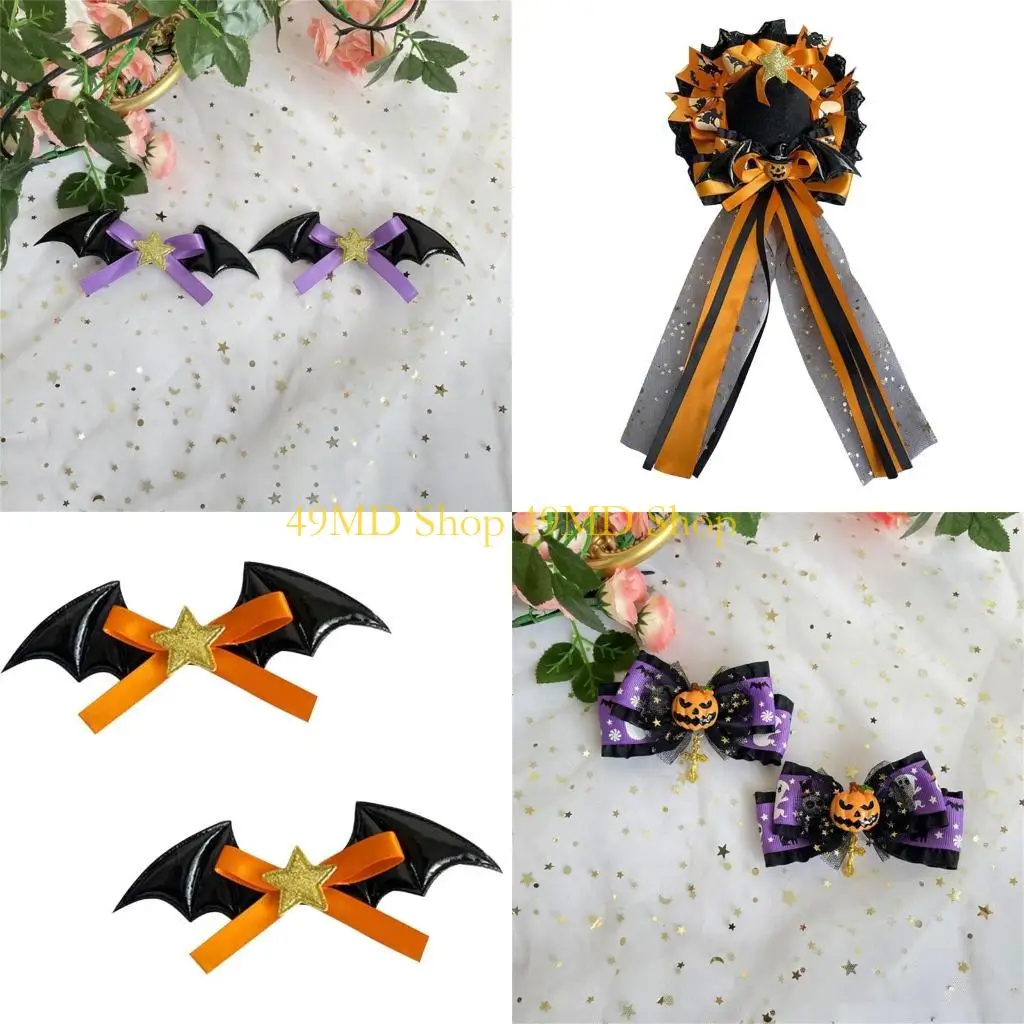 49MD Halloween Girls Hair Clip Choker Mini Top Hat Halloween Costume Pumpkin Bat Wing