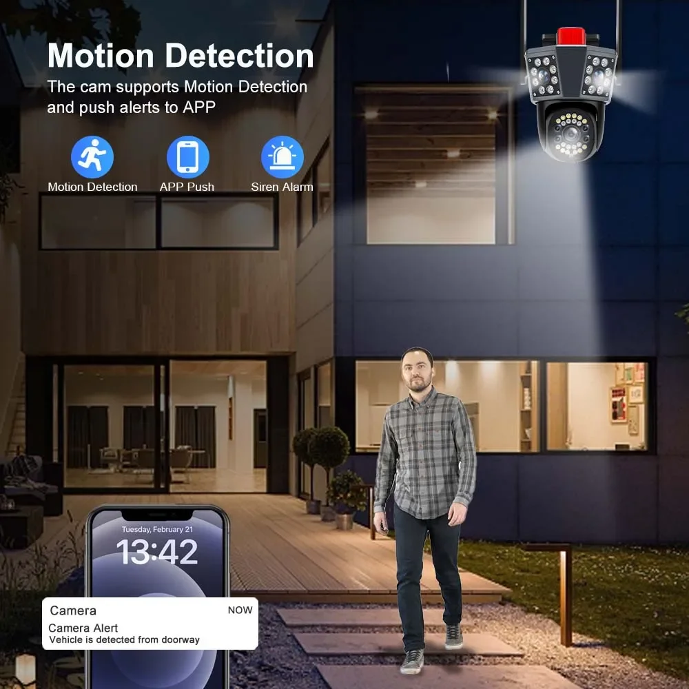 12MP 6K  PTZ WiFi Three Screen Camera Outdoor Three Screens Protection Auto Tracking Motion Detection Video Survalance IP Camera