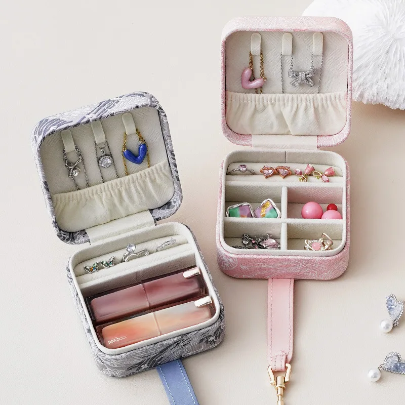 صندوق مجوهرات مطرز، حقيبة تنظيم مجوهرات الأزهار مع رباط، صندوق تخزين هدايا محمول لخاتم أقراط القلادة