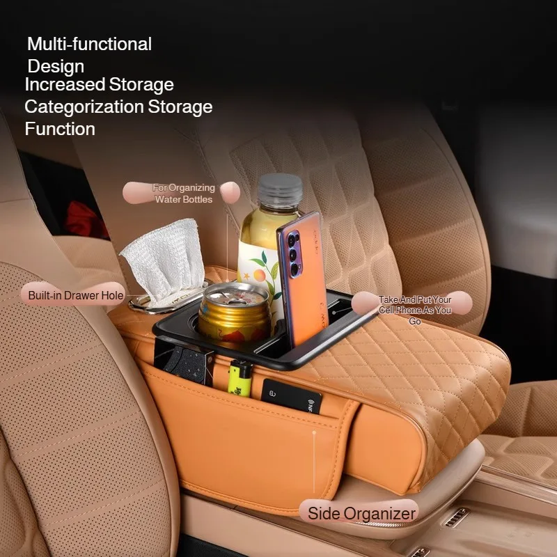 Car Center Armrest Box Height Increasing Pad Multi-Function 4 in 1Vehicle Tissue Box Cup Holder