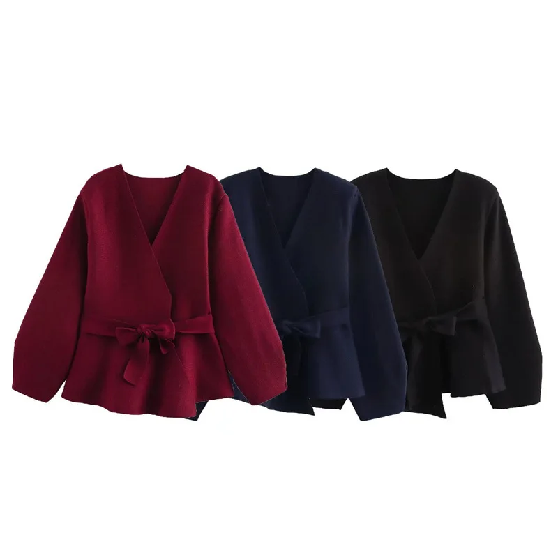 

Feminine Style Belted Padded Shoulder Knitted Top Coat