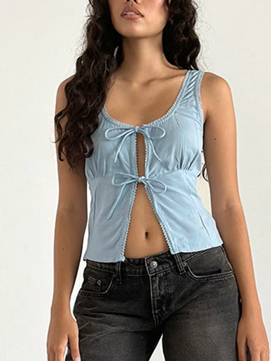 Women s Tie Front Tank Tops Solid Color Lace Trim Low Cut Sleeveless Cropped Vest Streetwear