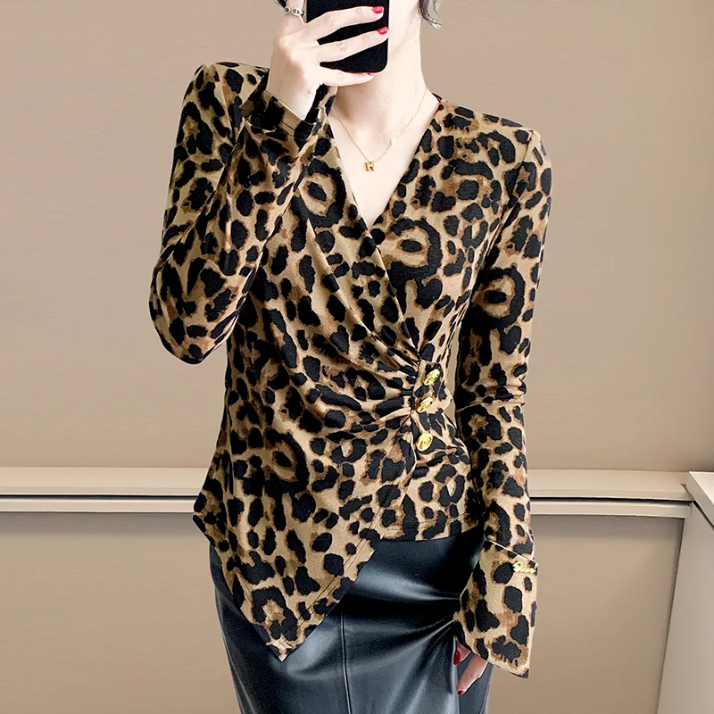 

Y2K Leopard Print Top Sexy V Neck Shirt Women Long Sleeve Waist Slim Fit Irregular Hem Autumn Fashion