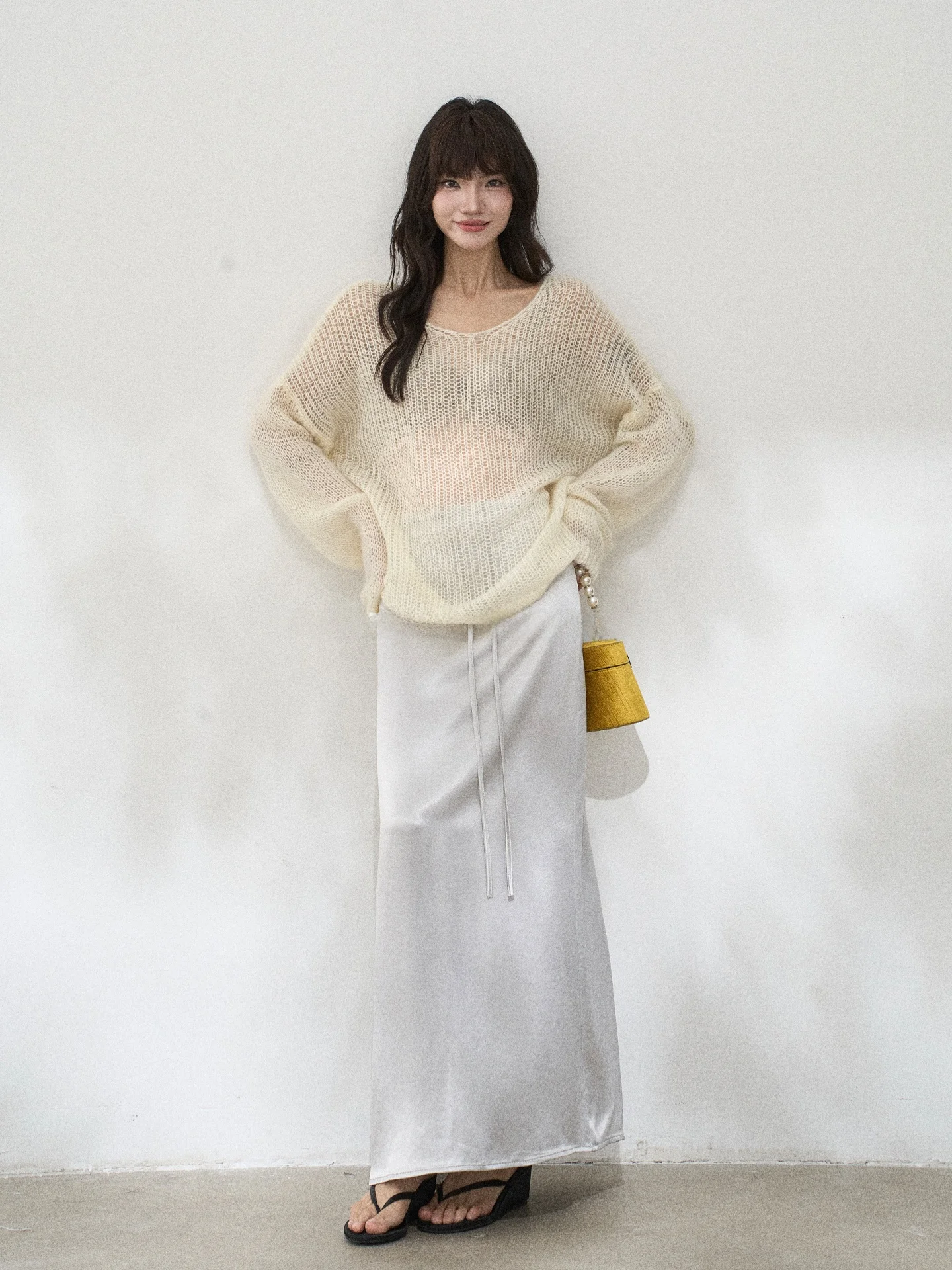 

Ацетатная юбка-карандаш с завышенной талией и завязками, средней длины, женская, весенняя, в корейском стиле, без стрейча, H-образного силуэта