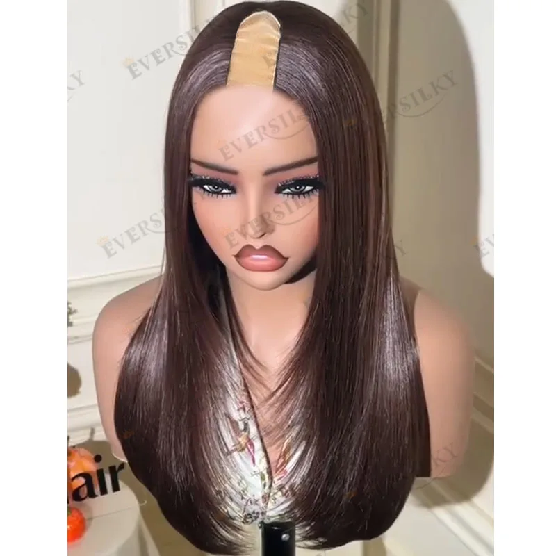 

Натуральные парики из человеческих волос Реми, каштаново-коричневые, шелковисто-прямые, U-образные, для чернокожих женщин, без клея, регулируемые, размер 1x4, V-образные парики