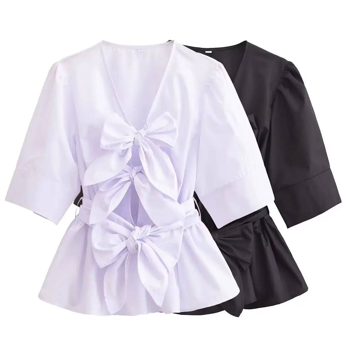 

KONDALA Chic Solid Bow Lace-up Women's Shirts Fashion 2025 Spring V-Neck Blouse Puff Sleeve Sashes Folds Female Holiday Shirts