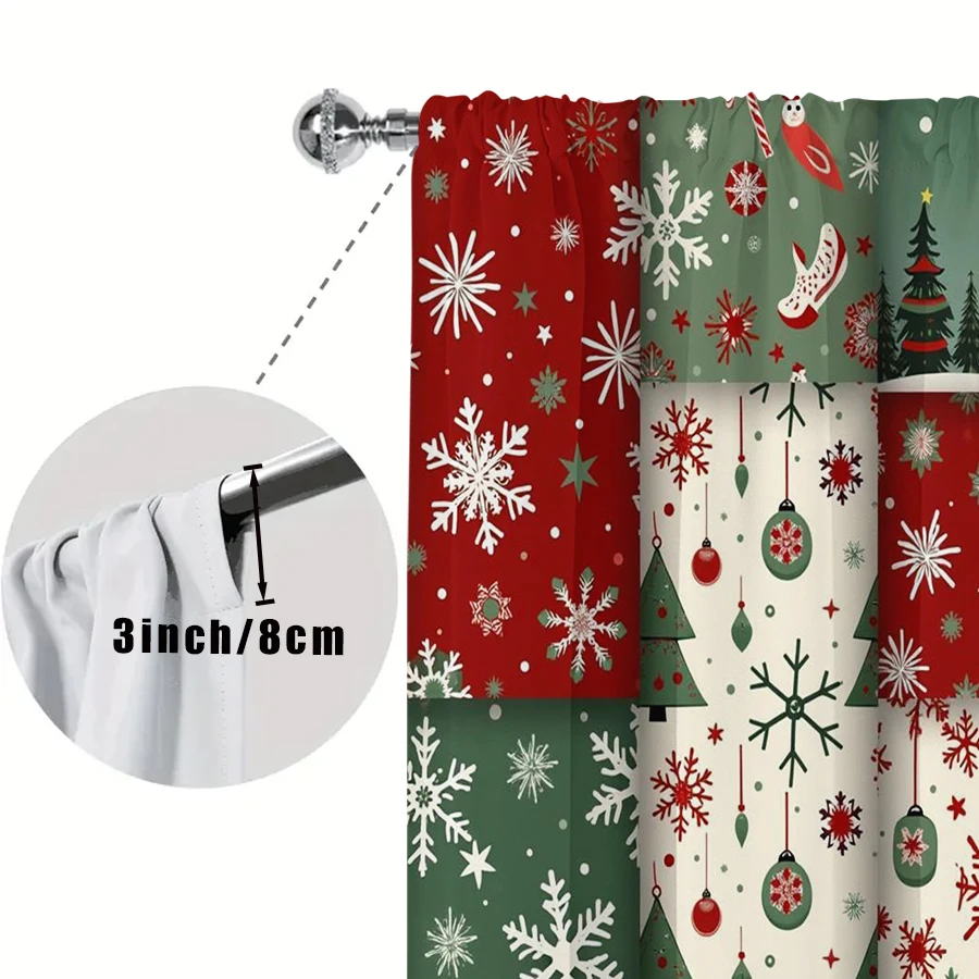 2PCS Christmas Patchwork Curtains, Red Green Plaid Snowman Tree Reindeer Winter Holiday Window Drapes for Bedroom Decor