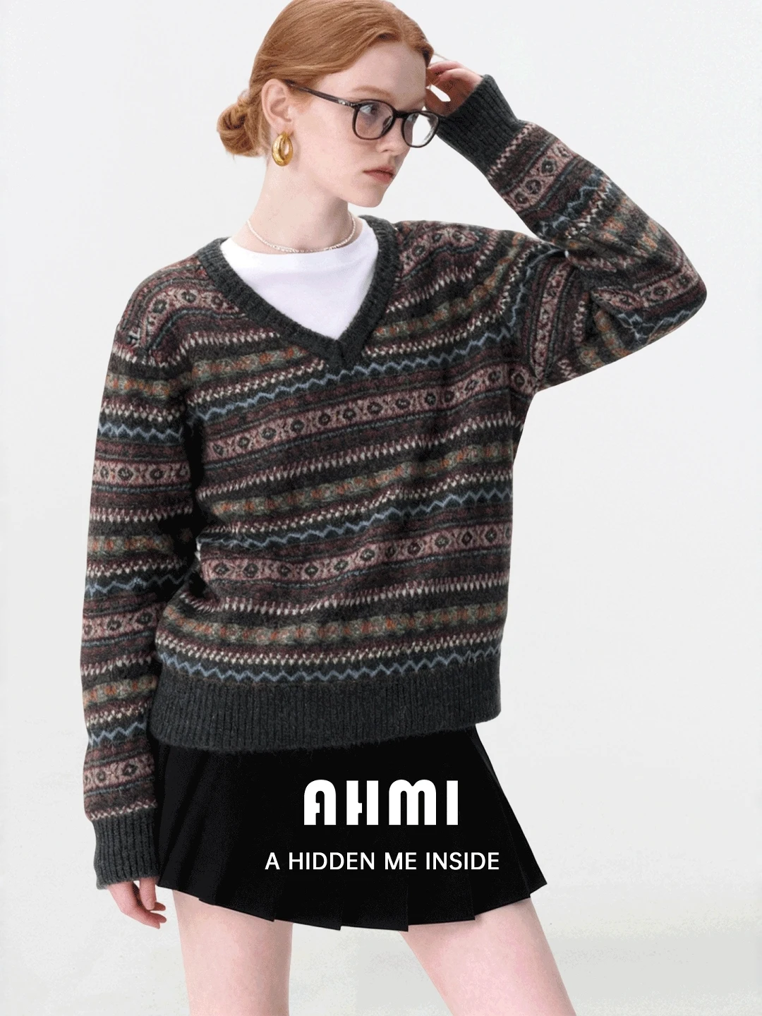 

Женский вязаный свитер AHMI Ferris Island в стиле ретро с V-образным вырезом, осенне-зимний, свободный, в полоску, удобный, повседневный, модный