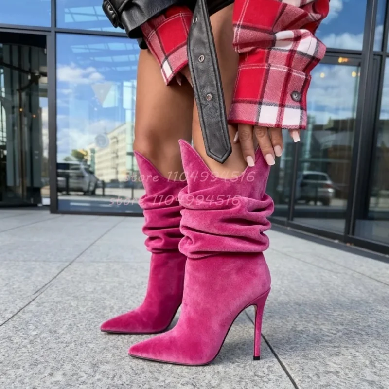 

Pink Suede Pleated Mid Calf Boot Women Purple Pointed Slip On Stiletto Boots Fashion Street Style Party Autumn Casual Shoes New