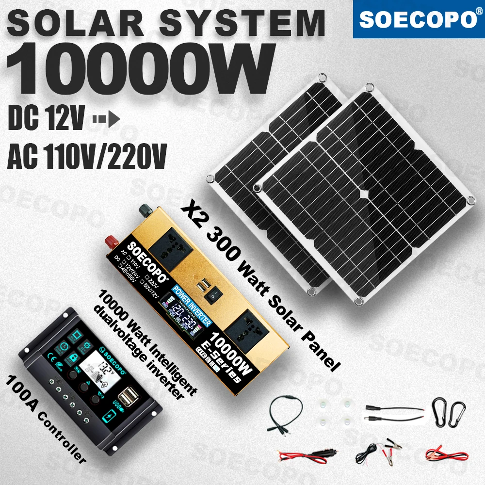 

10000W Solar System Kit 12V 24V To 110V 220V Inverter Rated Power 1100W 2x300W Panel 100A Controller for Home Charger Off Grid