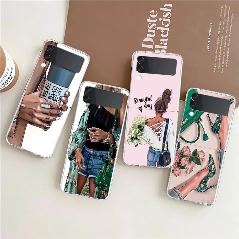 جراب هاتف ملكة جمال القهوة للفتيات والنساء ، غطاء شفاف ، غلاف صلب عالي ، Samsung Galaxy Z Flip 3 4 5 6