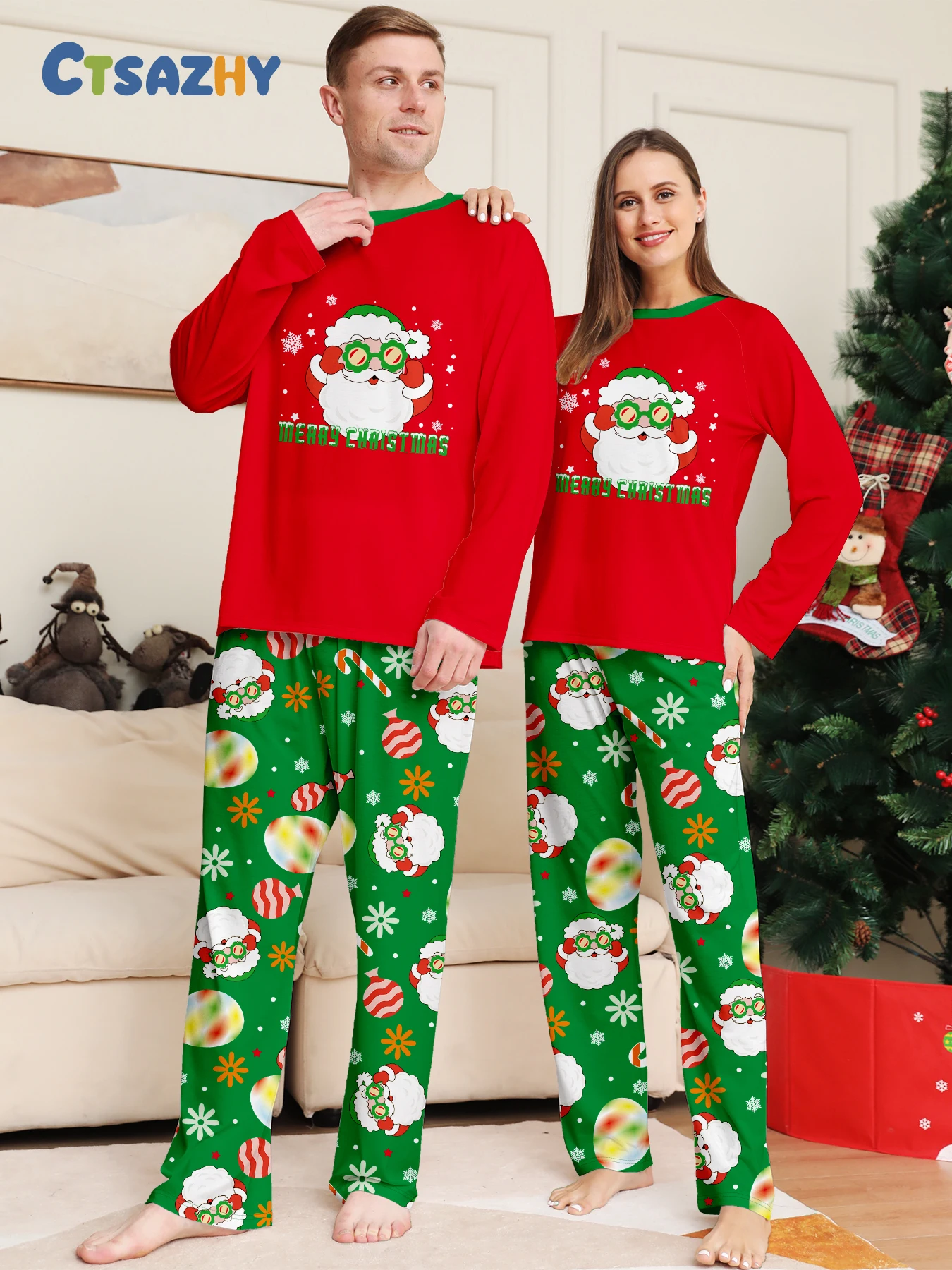 

Matching Christmas Couple PJs: Red Top with Santa & 'Merry Christmas' + Green Santa & Ornament Pants