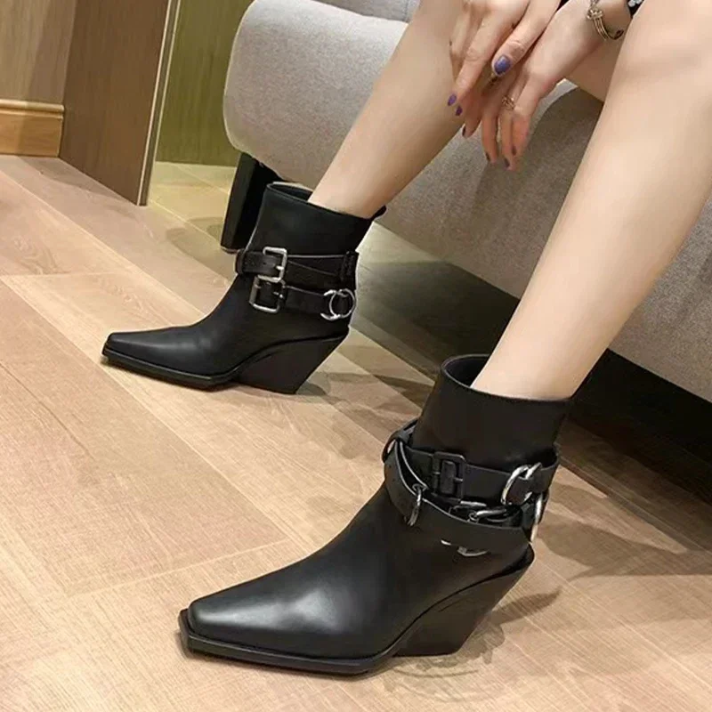 Chelsea Ankle Boots Leather Women High Heels Shoes Designer Pointed Toe Wedges Woman Boots Trend New Goth Pumps Snow Botas Mujer