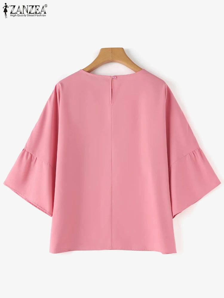 ZANZEA-camisa Vintage de verano para mujer, blusa elegante de media manga, Tops de trabajo OL sólidos con cuello redondo, blusa con botones de gran tamaño