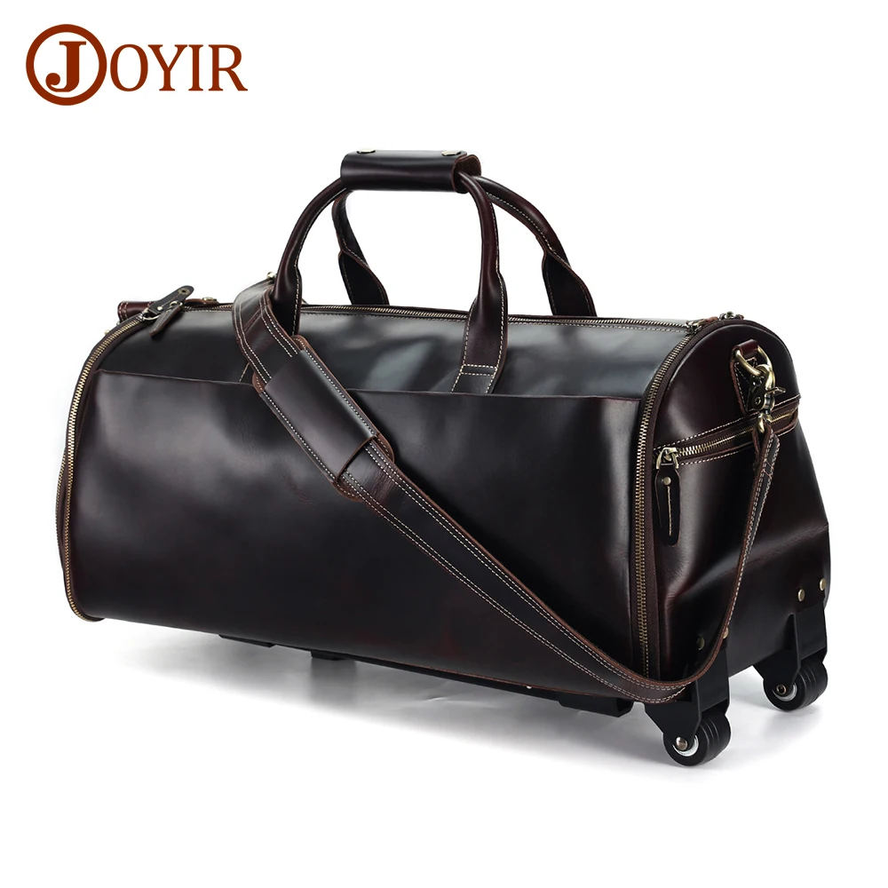 JOYIR Genuine Leather Male Retro Trolley Travel Duffle Bag Handbag High Quality Business Luggage Bags with Shoulder Strap Wheels