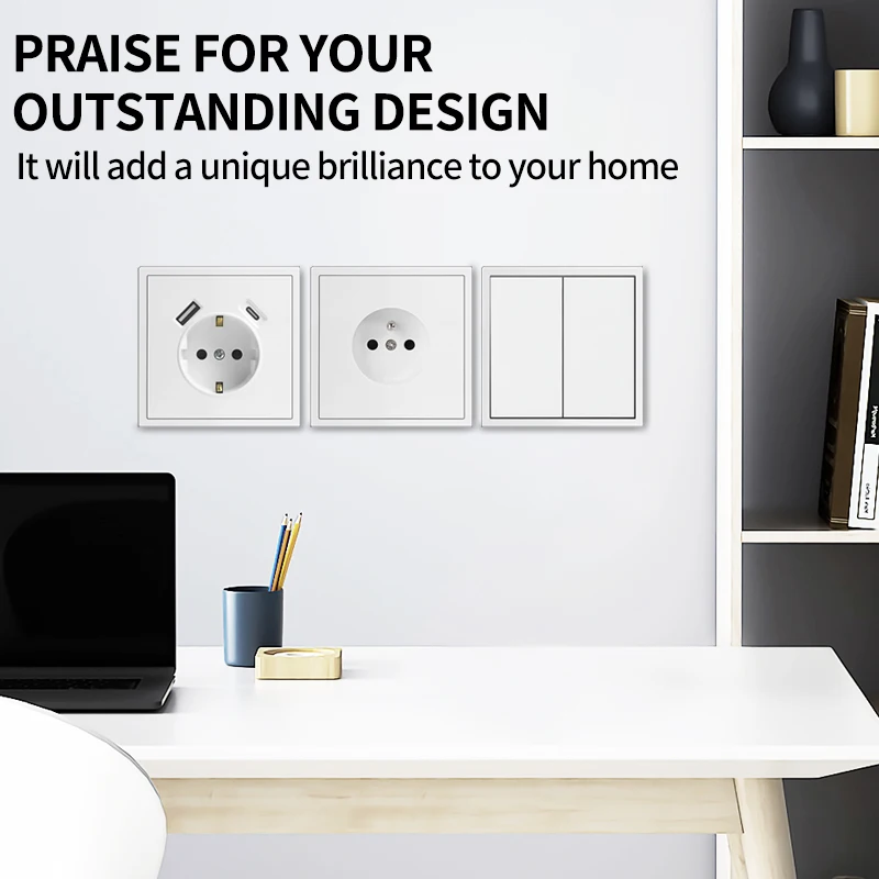 مقبس حائط MORDIO 16A Schuko مع USB وType-C، مخرج مثبت على السطح 250 فولت، مؤرض، أبيض، متوافق مع الإطارات المعيارية #2