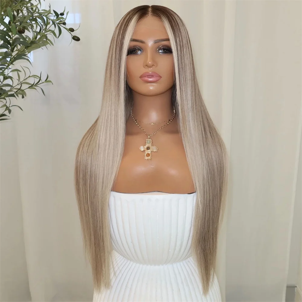 Blend Human Hair Dark Ash Blonde Highlights Wig Balayage Ash Root Long Soft Straight Wig Premium Synthetic Hair Lace Front Wig