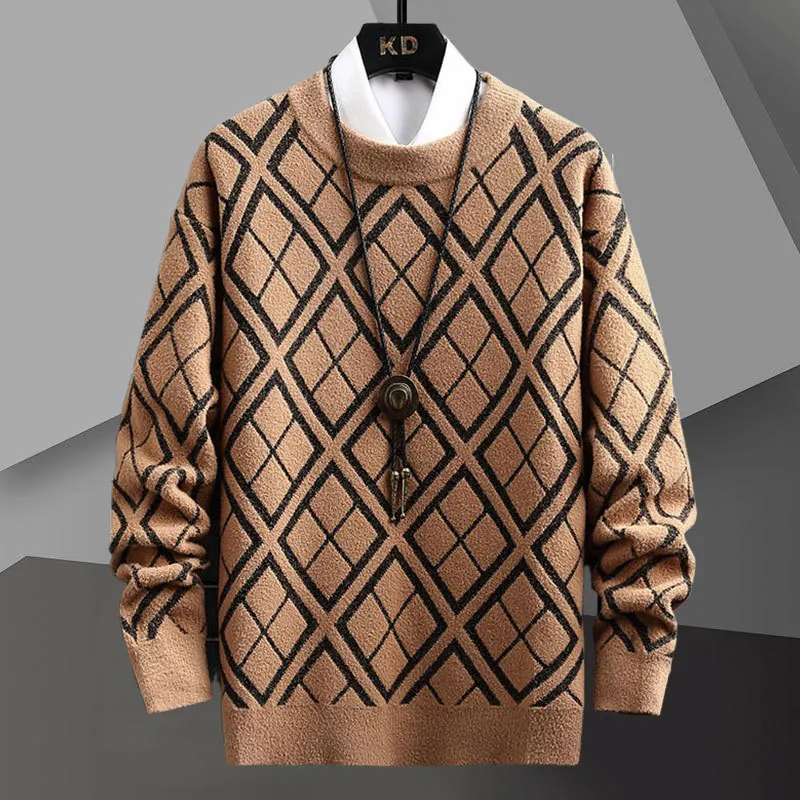 2023 Contrasting Color Lattice Print Men Long Sleeve Slim Knitted Pullover Sweater Winter Social Dress Shirt Streetwear Clothing