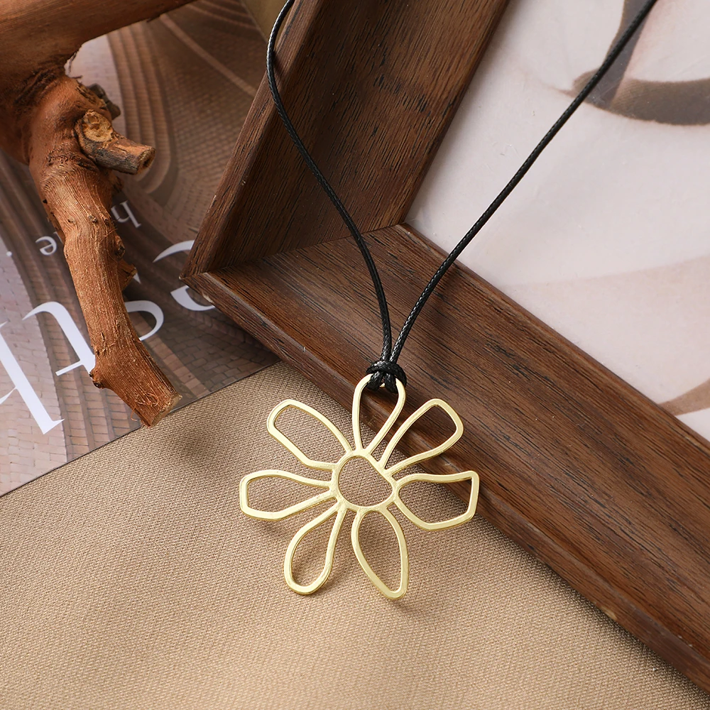 Vintage Bohemian Large Hollow Flowers Charms Pendant Necklace With Black Faux Suede Cord Long Necklace Handmade Jewelry image 5