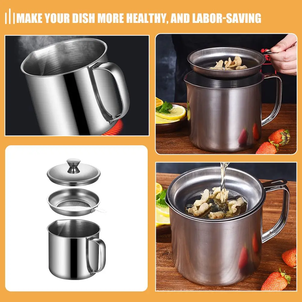 Bacon Filter Cup Oil Kitchen Stainless Steel Hot Grease Container with Strainer Holder