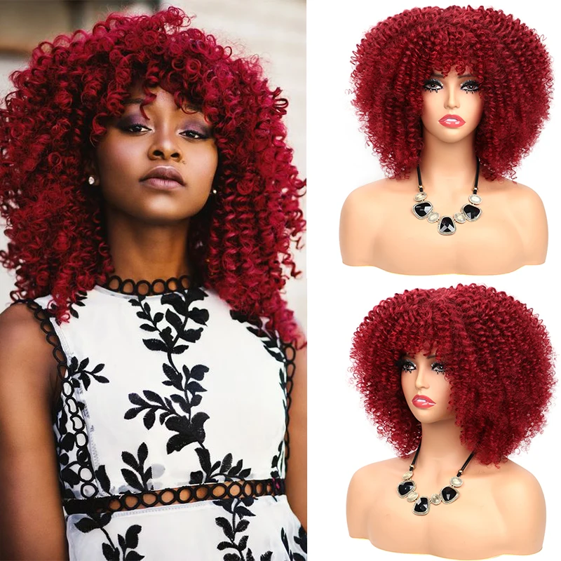 10 Inch Kinky Curly Wig with Bangs for Black Women Burgundy Short Afro Curly Wigs Ombre Natural Synthetic Bomb Curly Wig Cosplay