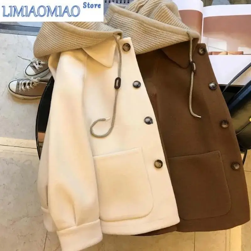 New Brown Winter Warm Fashion Design of Everything Match Hepburn Style Stitching Knit Hooded Woolen Coat Women's Pure Color