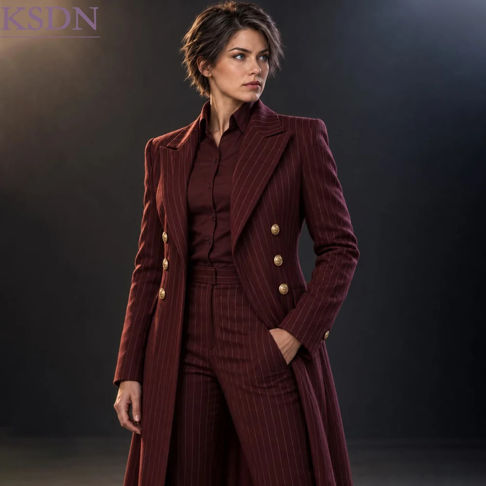 Burgundy Stripe Women's Suits Fashion Overcoat With Pants Formal Double Breasted Peak Lapel 2 Piece Trench Blazer For Business