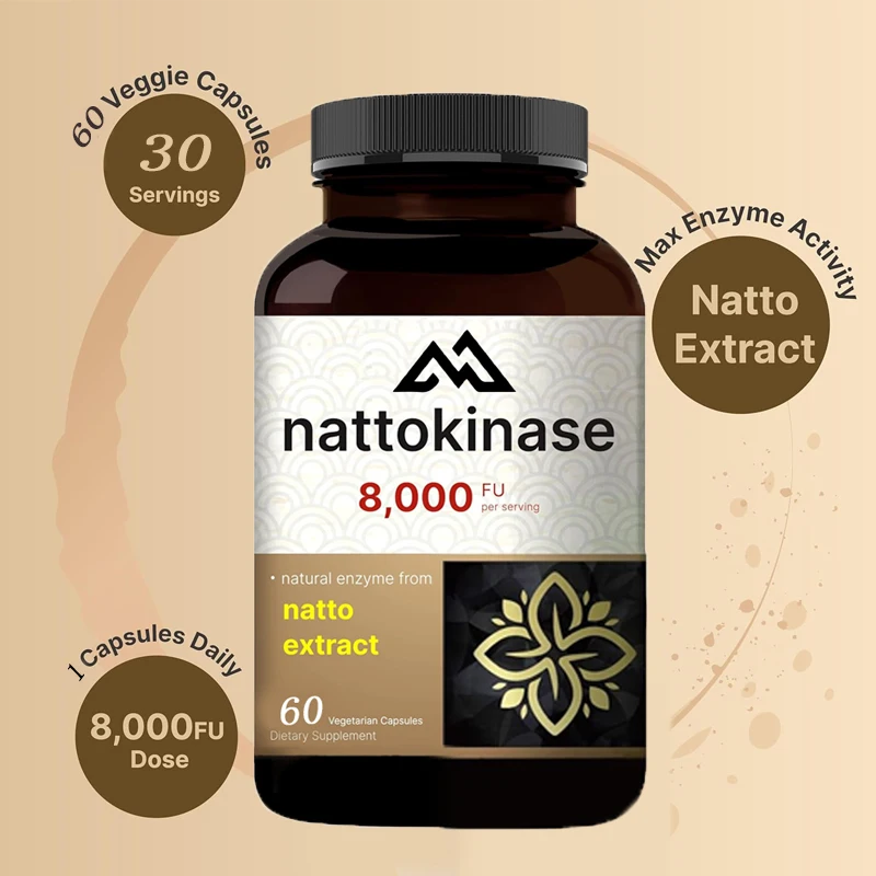 Nattokinase supplement 8000 FU per serving, 60 vegetarian capsules maximum strength enzyme and heart health support