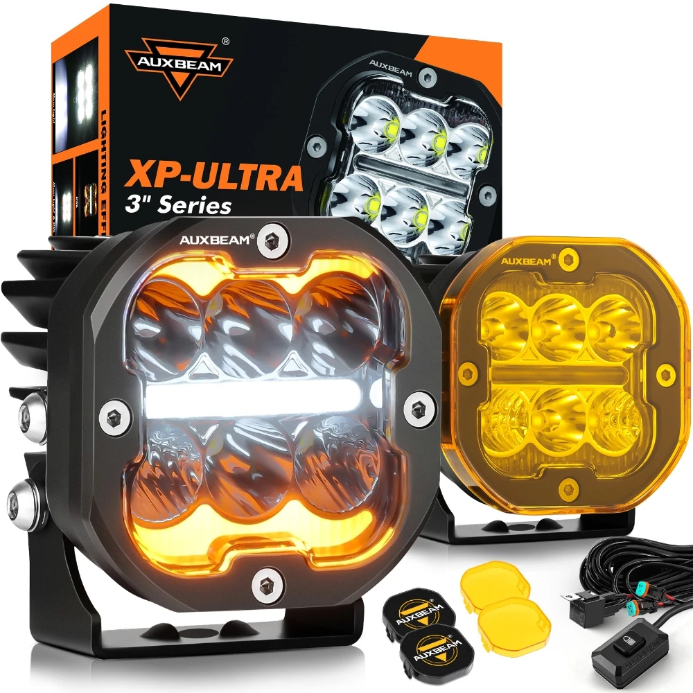 AUXBEAM XP-ULTRA SERIES - Foco LED todoterreno de 3 pulgadas con luz diurna blanca (DRL) y luz direccional ámbar, con carcasas negras y ámbar