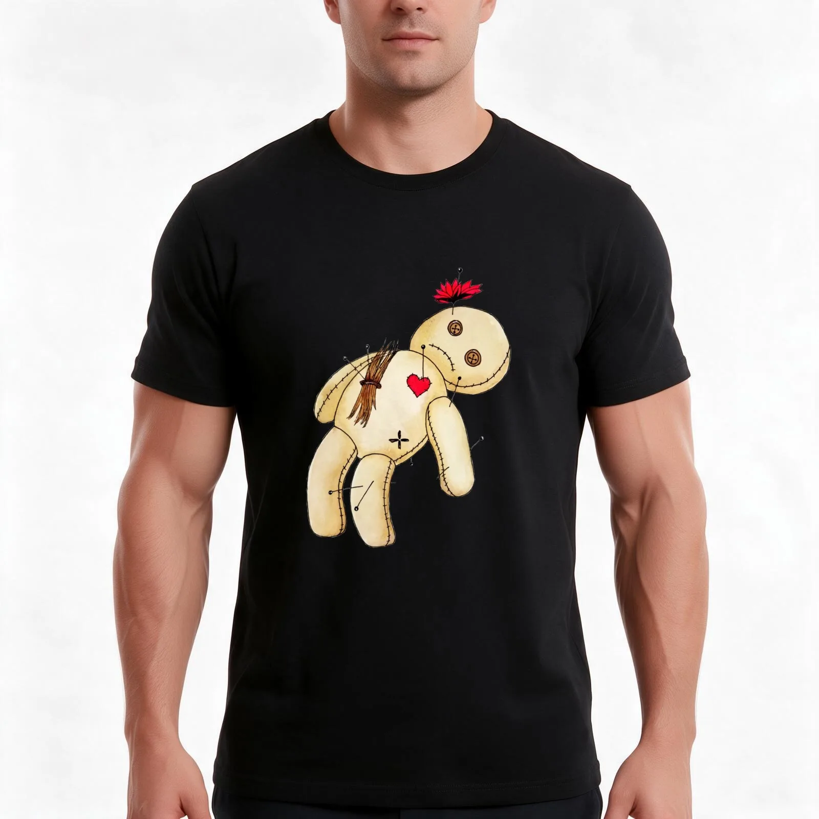Voodoo Doll T-Shirt, Summer Casual Cotton Tee, Oversized Streetwear Tops, Vintage Graphic Print, Loose Fit Short Sleeve