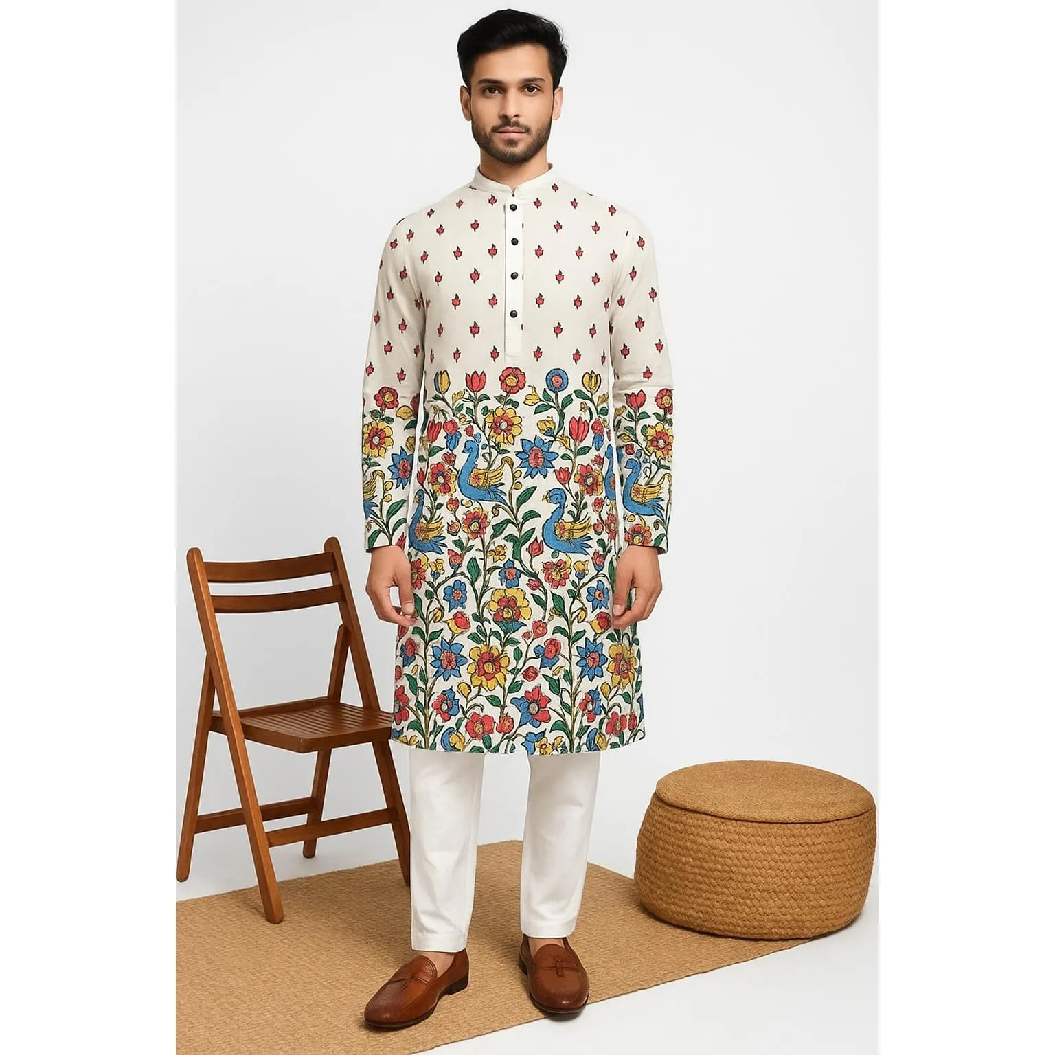 الوقوف طوق قميص مسلم الرجال الملابس الشعبية قفطان Musulman Kurta الملابس الإسلامية الوطنية ملابس منقوشة بكم طويل قمصان