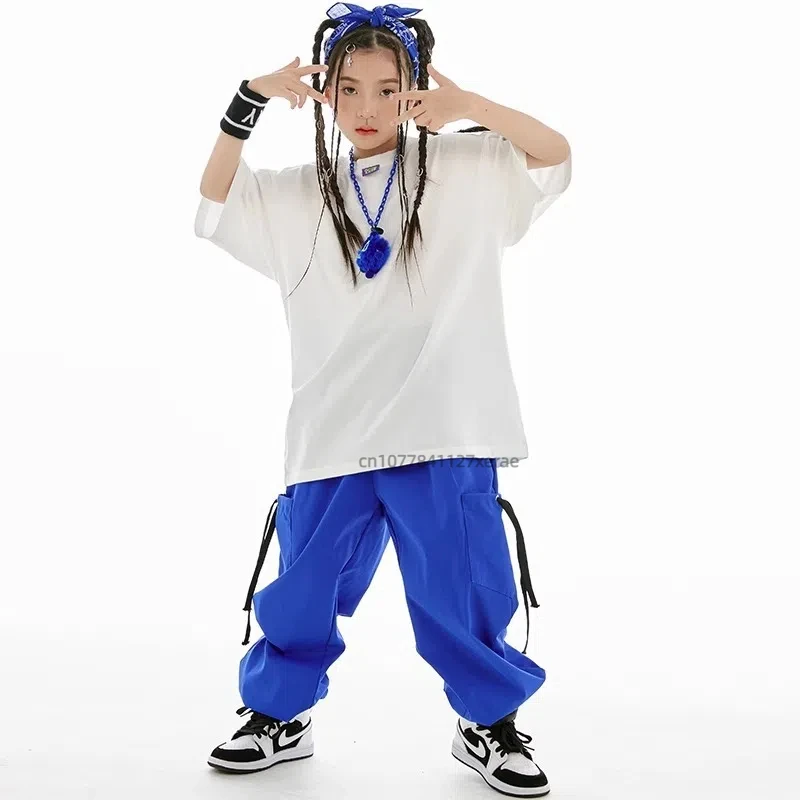 Girl's Jazz Dance Performance Dress, Children's Summer Loose Street Dance Performance Dress, White T-shirt+Blue Pants Set