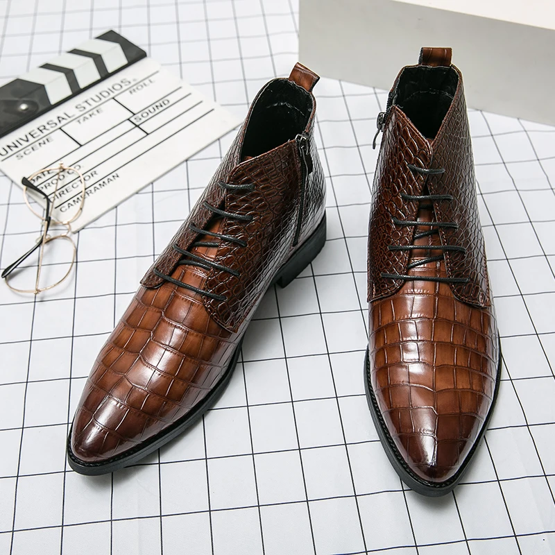 New Business Brown Casual Shoes High Top Lace Up Chelsea Boots Mens Formal High-quality Pointed Boots Dress Ankle Boots for Men view 3