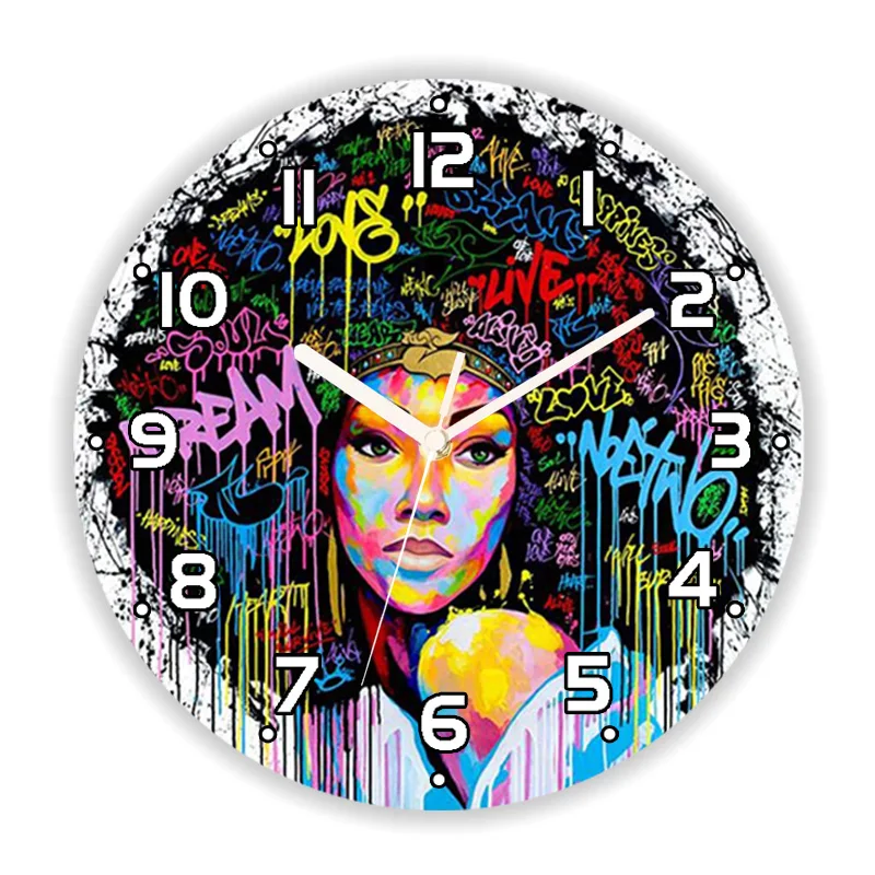 Graffiti Pop Art Black Girl Wall Clock for Living Room Afro African American Love Kitchen Large Wall Watch Home Decor Gift 35cm