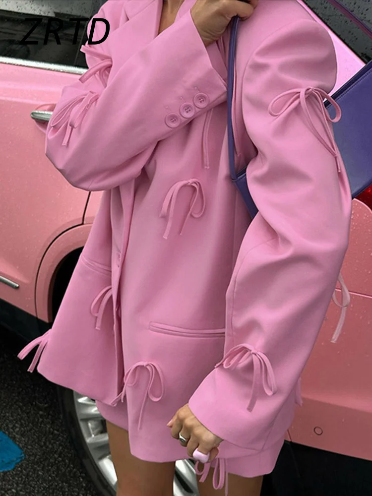 Pink Bow Decor Women's Blazer Jackets Loose Lapel Full Sleeves Single Breasted Female Coats 2024 Autumn Lady Street Commute Coat