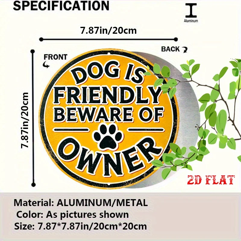 2D Flat 1pc Fun Joke 7.87X7.87 Round Sign, Pet Lovers Round Sign, Owner Warning Metal Sign - Friendly Dog Rustic Metal Wall Ar