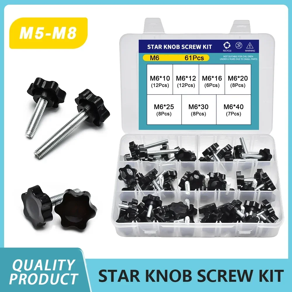 Hand Knob Screws Bolt kit M5 M6 M8 Plum Handle Six-star Glue Star Shape Head Thread Clamping Thumb Handle Machine Bolts Nut