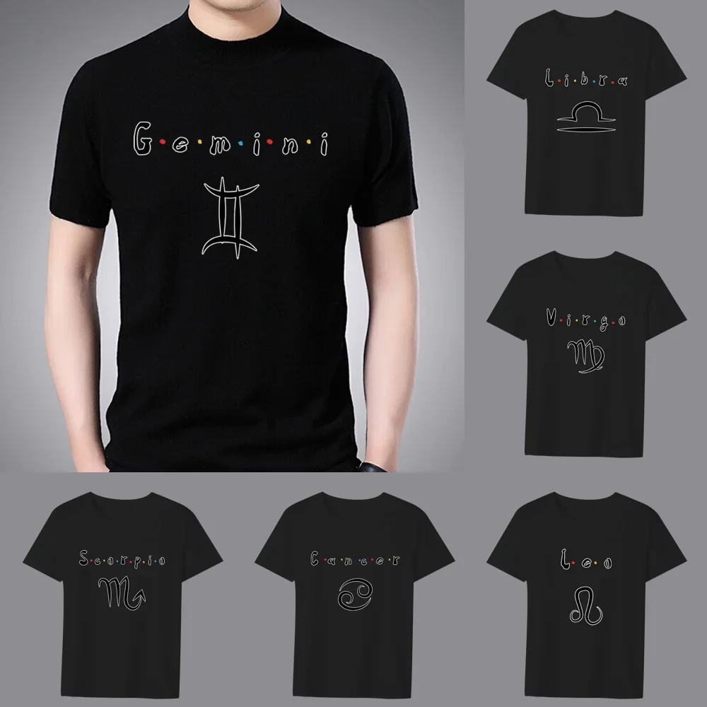 2026 Fashion Men's Black T-shirt Twelve Constellation Printing Pattern Series Casual O-neck Top Comfortable Commuter Clothing