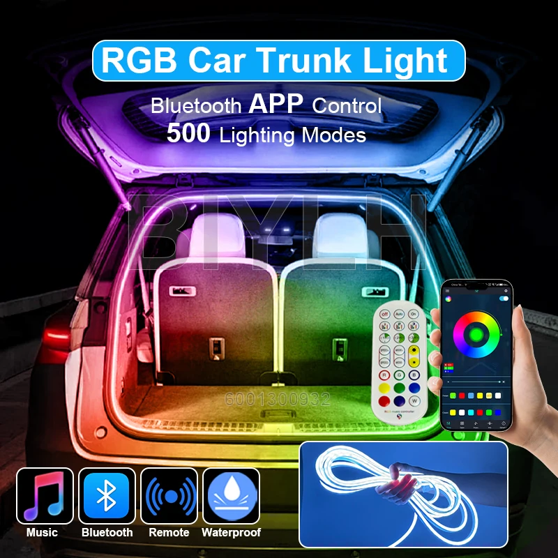 12V LED Car Trunk Light RGB APP Control Multi-mode Interior Atmosphere Light 5M  Flexible Waterproof Light Bar Car Accessories