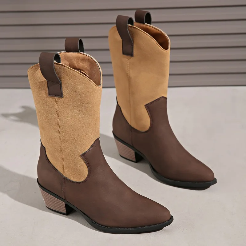 

Fashion PU Mid Length Short Boots Shoes for Women 2025 New Versatile Autumn Large Size Square Heel Pointed Toe Women's Boots