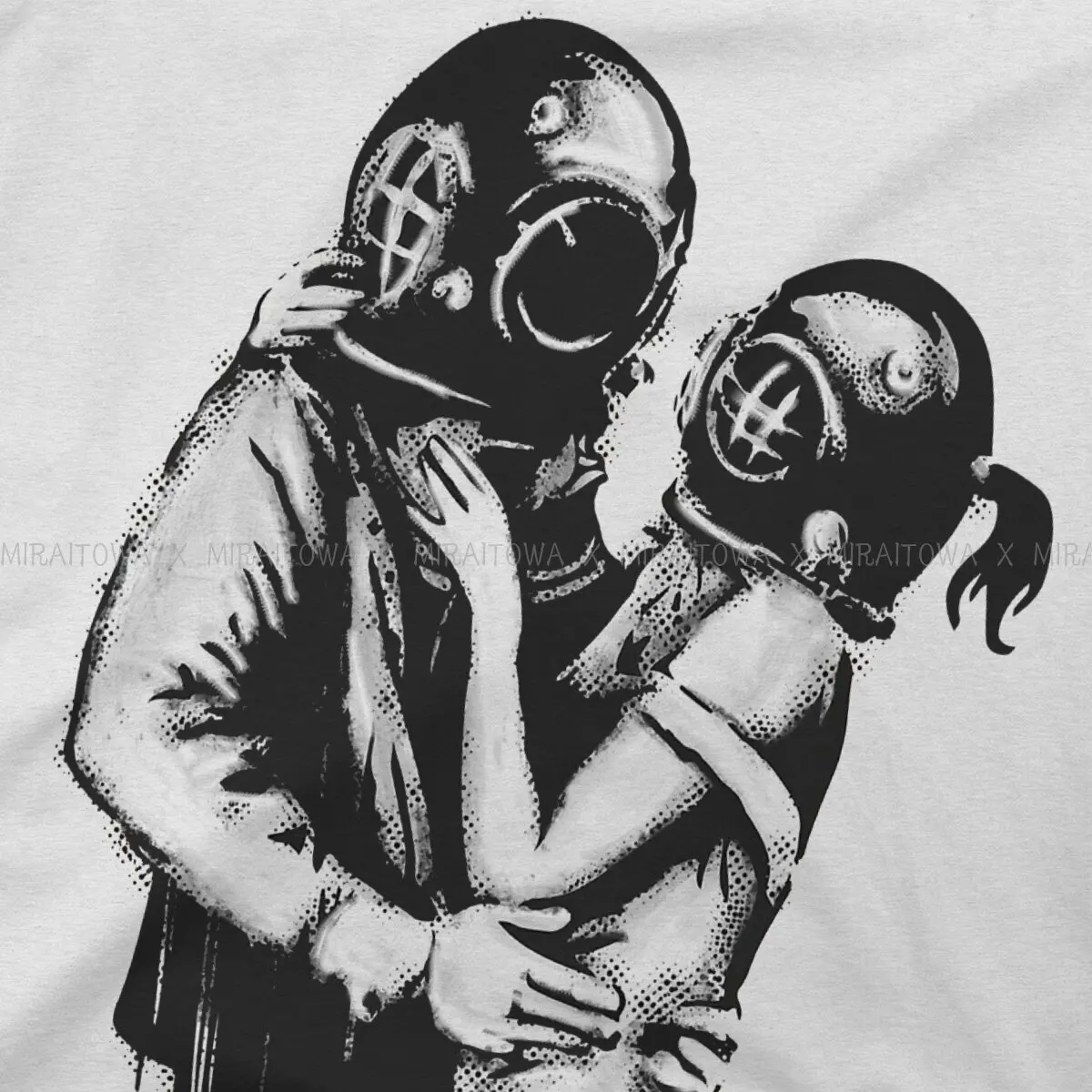 Banksy Wall Graffiti Love Deep Loving Embracing Couple with Diving Helmets T Shirt Men\'s Tshirt Oversized O-Neck Streetwear
