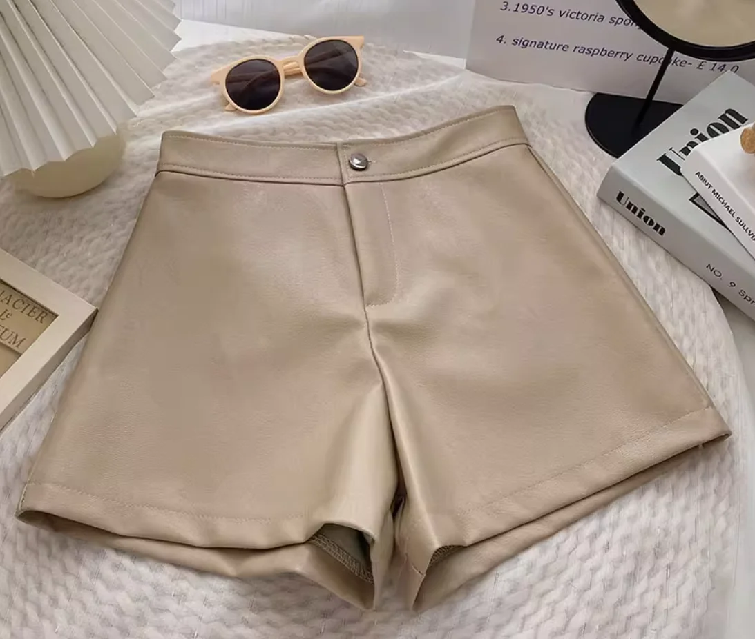 

New Autumn Fashion Casual PU Solid Color Slim Fit Button Fly Wide Legs Shorts For Women,2 Colors