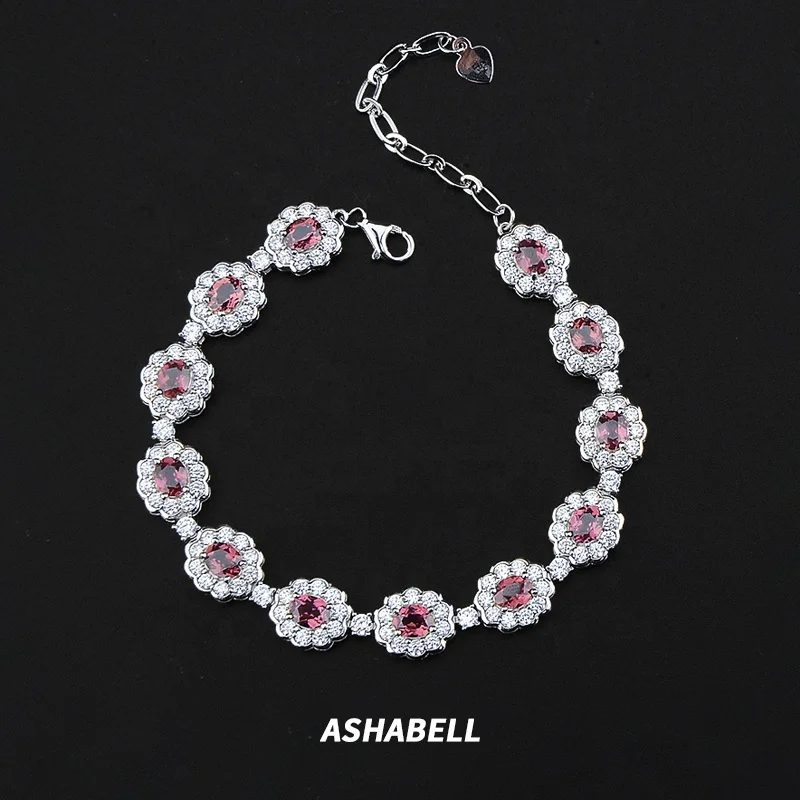 

Customized Luxury 925 Silver Cubic Zircon Fashion Ruby Bracelet Tennis Bracelet for Women Valentine's Day Gift Flower Bracelet