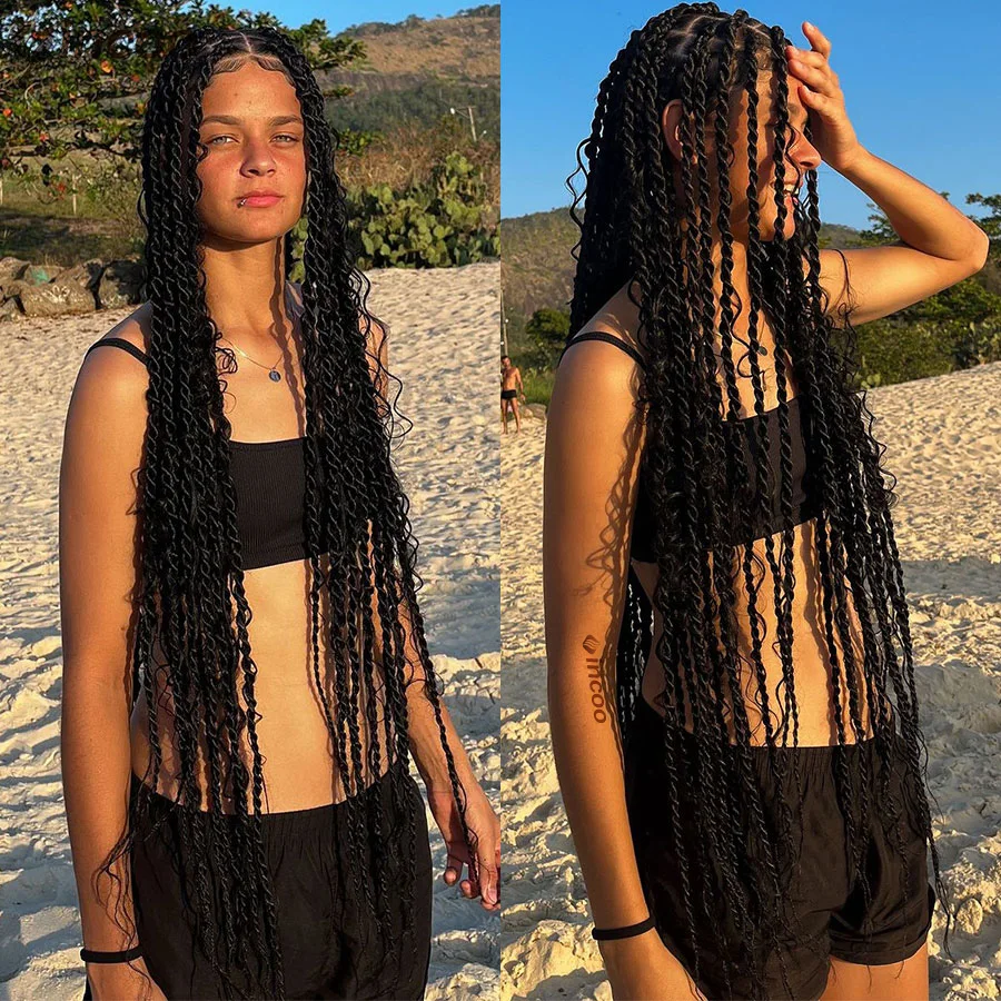 Synthetic Boho Twist With Curls Ends Full Lace Knotless Box Braided Wigs For Black Women Island Senegalese Twists Braided Wigs