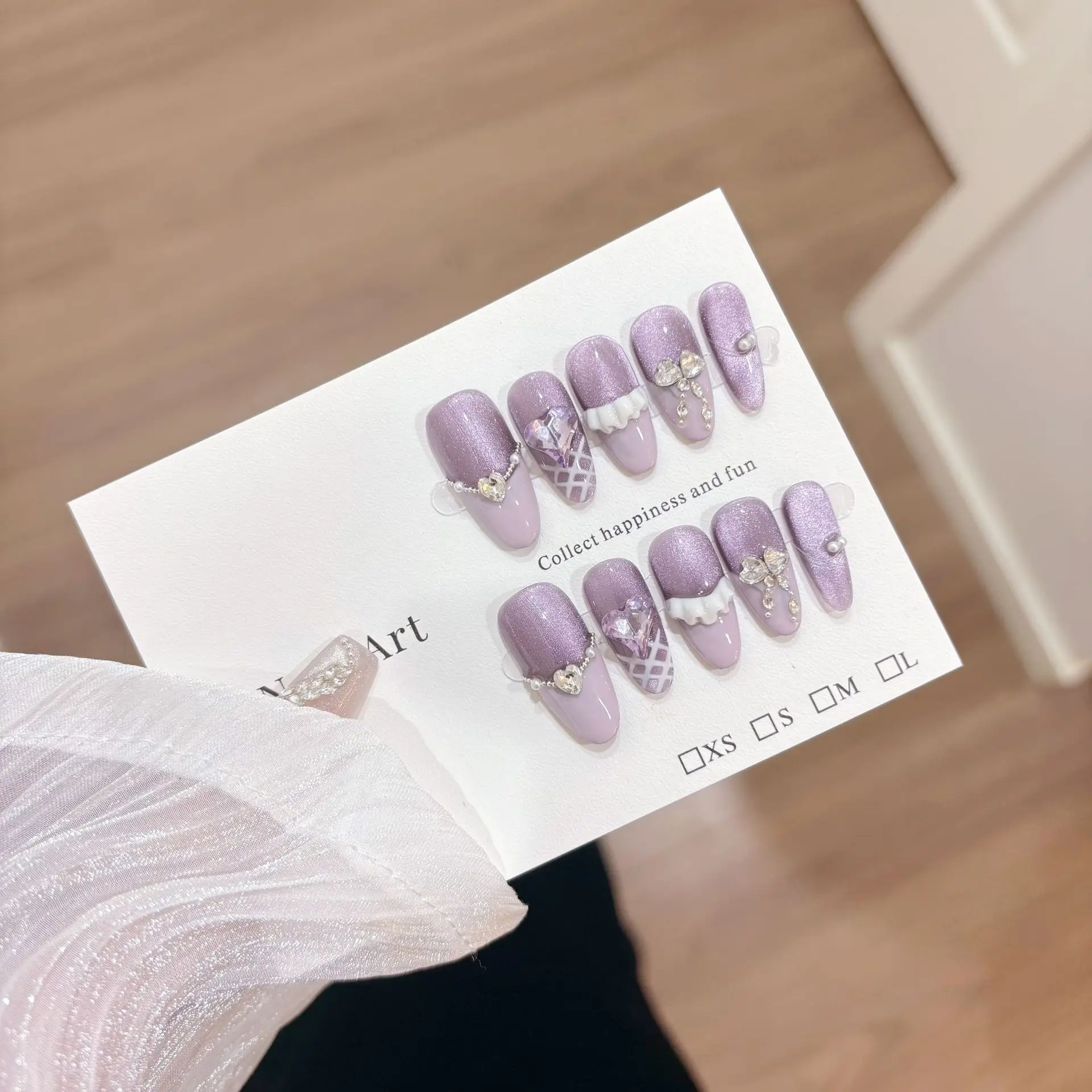 10pcs CAT EYE กดบนเล็บสีม่วง TULIP สวมใส่เล็บหัวใจฝรั่งเศสเล็บปลอมหวาน Bowknot เล็บเพิร์ลเพชรเล็บปลอม