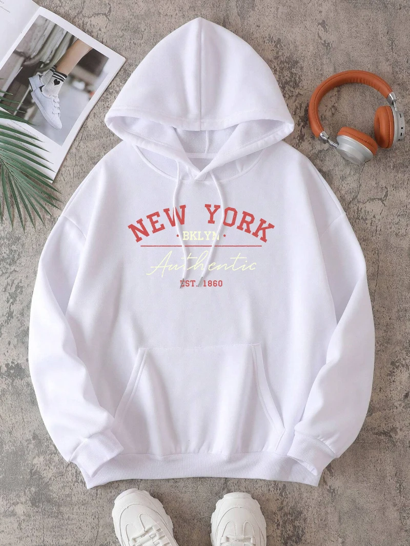 New York Brooklyn Authentic Hoodies Womens Letter Printing Hooded Loose Fleece Warm Pocket Streetwear Sporty Womans Clothing