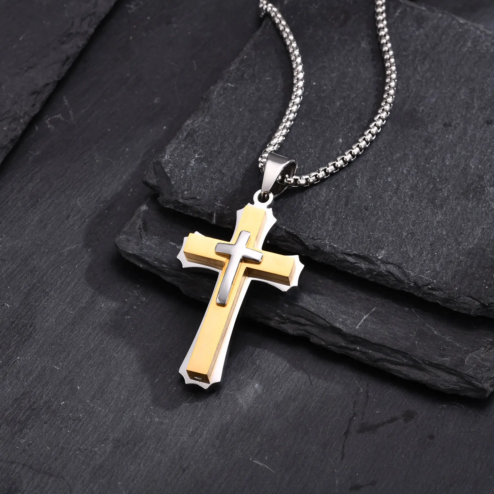 3D-Kreuz-Anhänger-Halsketten für Männer und Jungen, schwarz-goldene Edelstahl-Kreuz-Halskette, Hip-Hop-Punk-Party-Geschenk – Detail 7