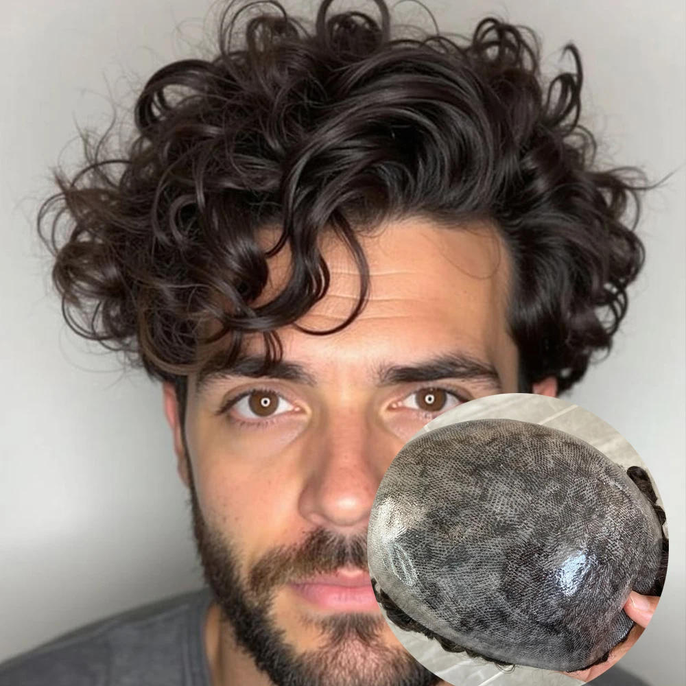 الرجال 28 مللي متر فضفاض مجعد شعري طبيعي الشعر المستعار دائم كامل بولي PU بولي الجلد بني داكن الشعر البشري استبدال التصحيح كابيلر الاصطناعية