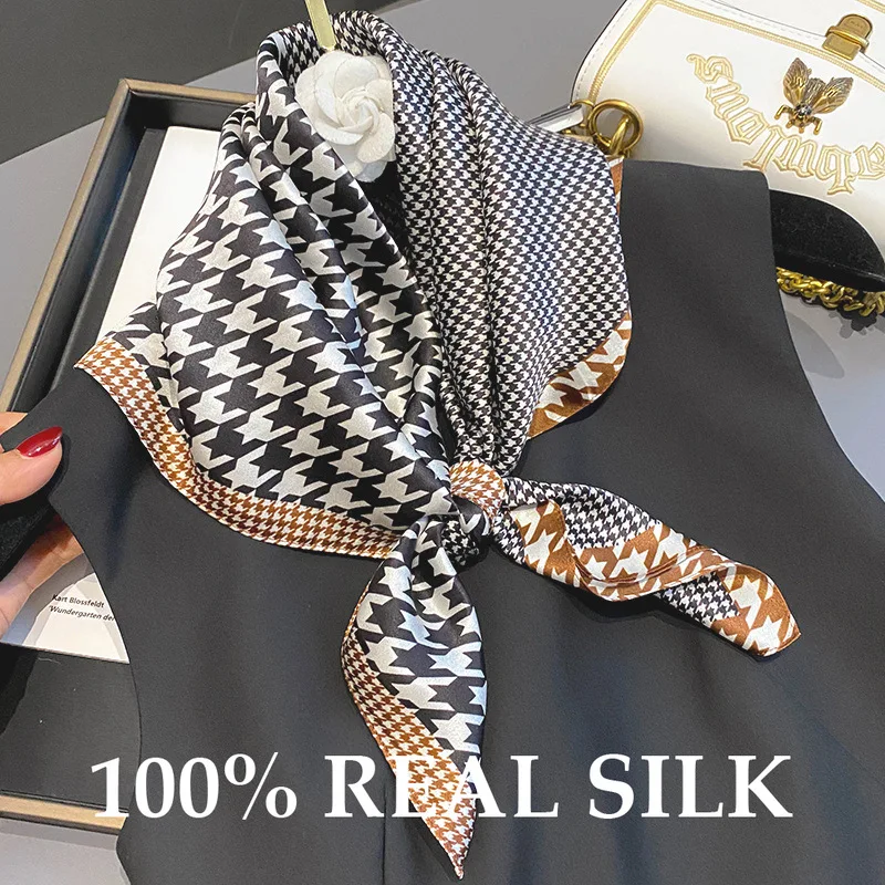 

Роскошный шарф из 100% натурального шелка для женщин, с принтом «гусиная лапка», дизайнерская шаль, дорожный платок, элегантный шарф для отпуска, легкий хиджаб